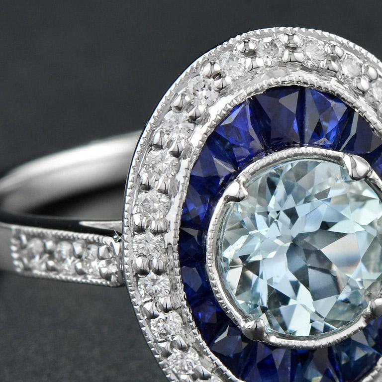 Round Blue Aquamarine & Blue Sapphire Diamond Halo Set 14K White Gold Ring im Zustand „Neu“ im Angebot in Oakton, VA