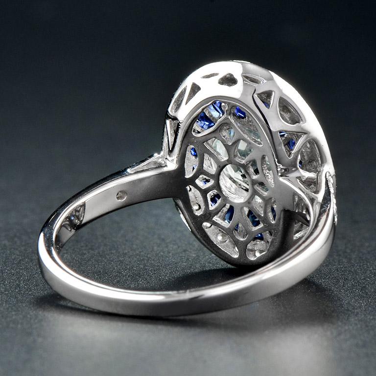 Round Blue Aquamarine & Blue Sapphire Diamond Halo Set 14K White Gold Ring für Damen oder Herren im Angebot