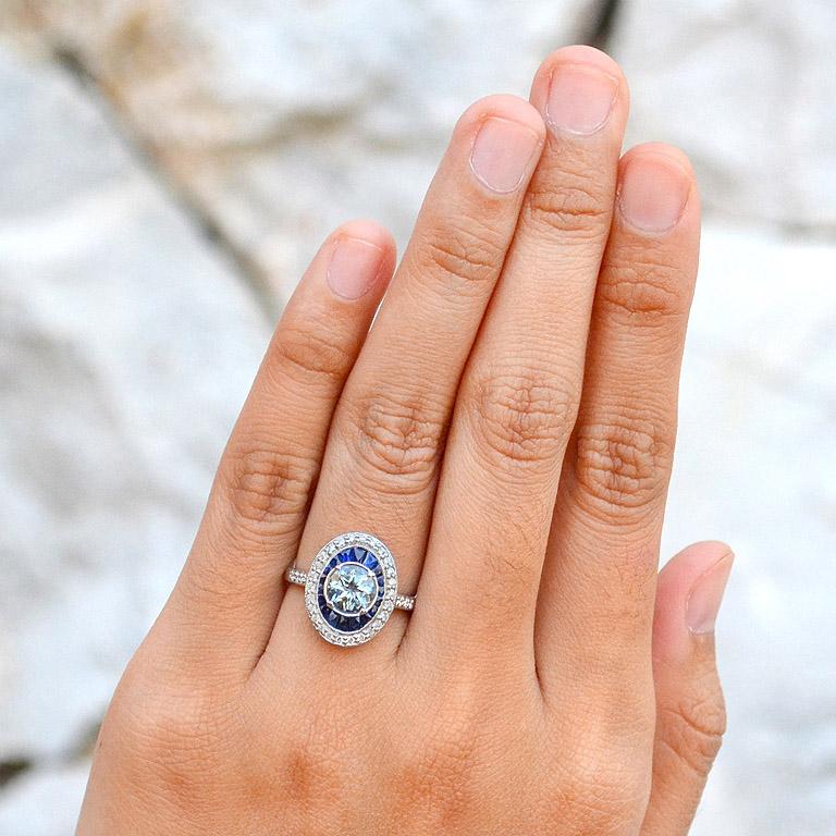 Round Blue Aquamarine & Blue Sapphire Diamond Halo Set 14K White Gold Ring im Angebot 1
