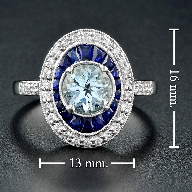 Round Blue Aquamarine & Blue Sapphire Diamond Halo Set 14K White Gold Ring im Angebot 3
