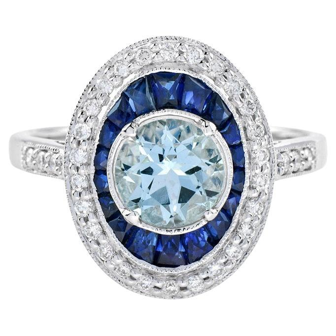 Round Blue Aquamarine & Blue Sapphire Diamond Halo Set 14K White Gold Ring im Angebot