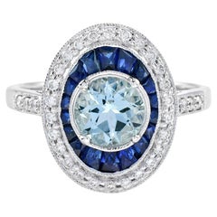Round Blue Aquamarine & Blue Sapphire Diamond Halo Set 14K White Gold Ring