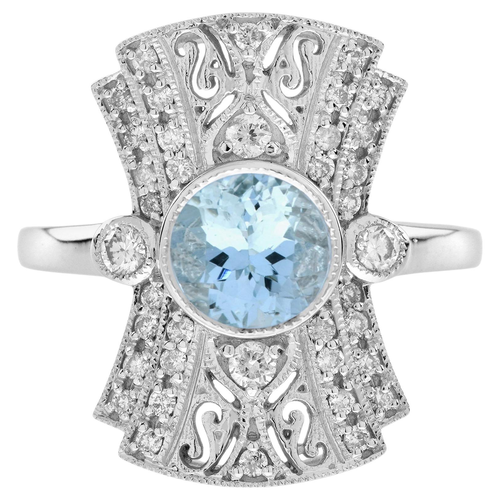 Anello con acquamarina blu rotonda e diamanti in stile Art Deco per la cena in oro bianco 14 carati
