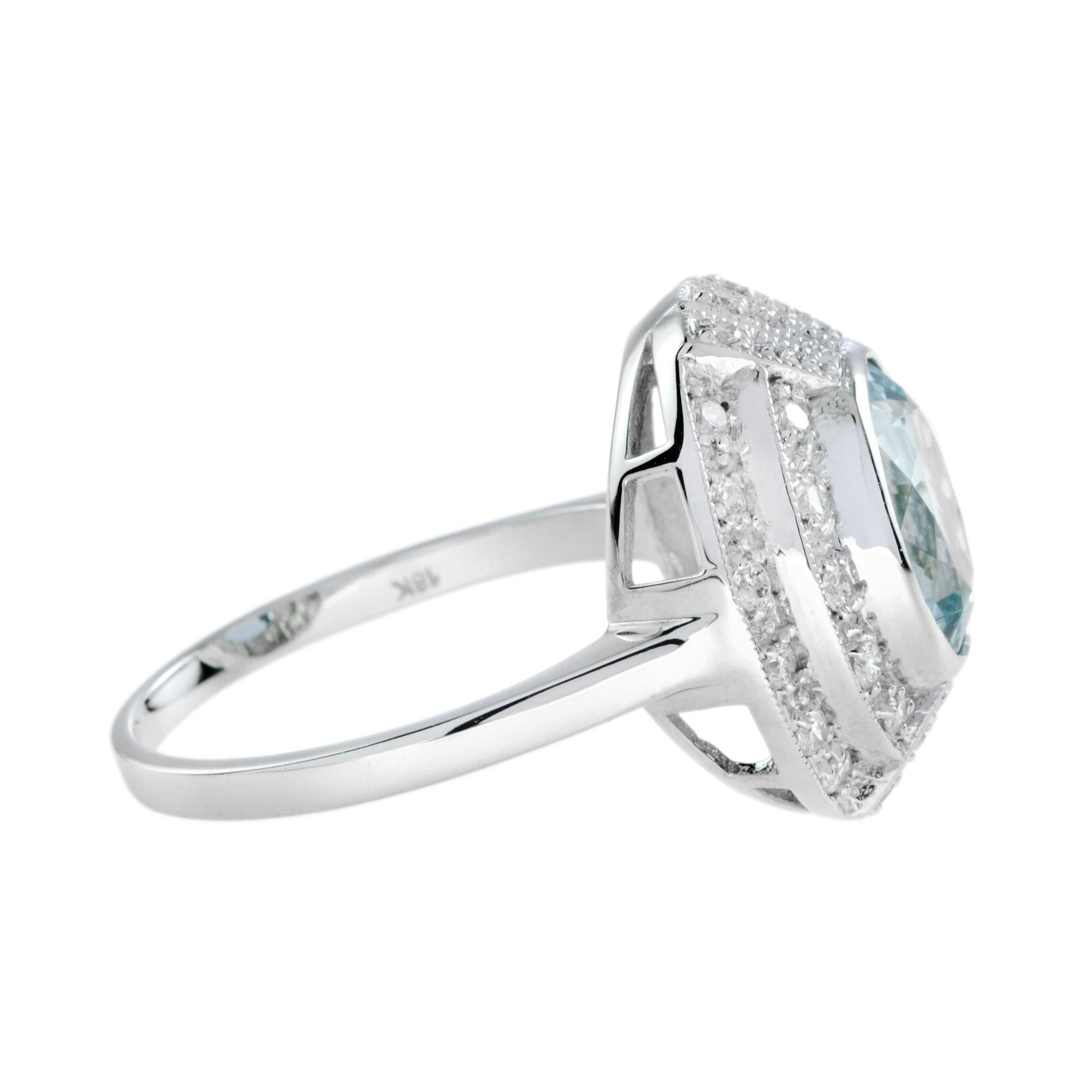Round Blue Aquamarine & Diamond Cocktail 18K White Gold Ring (Art déco) im Angebot