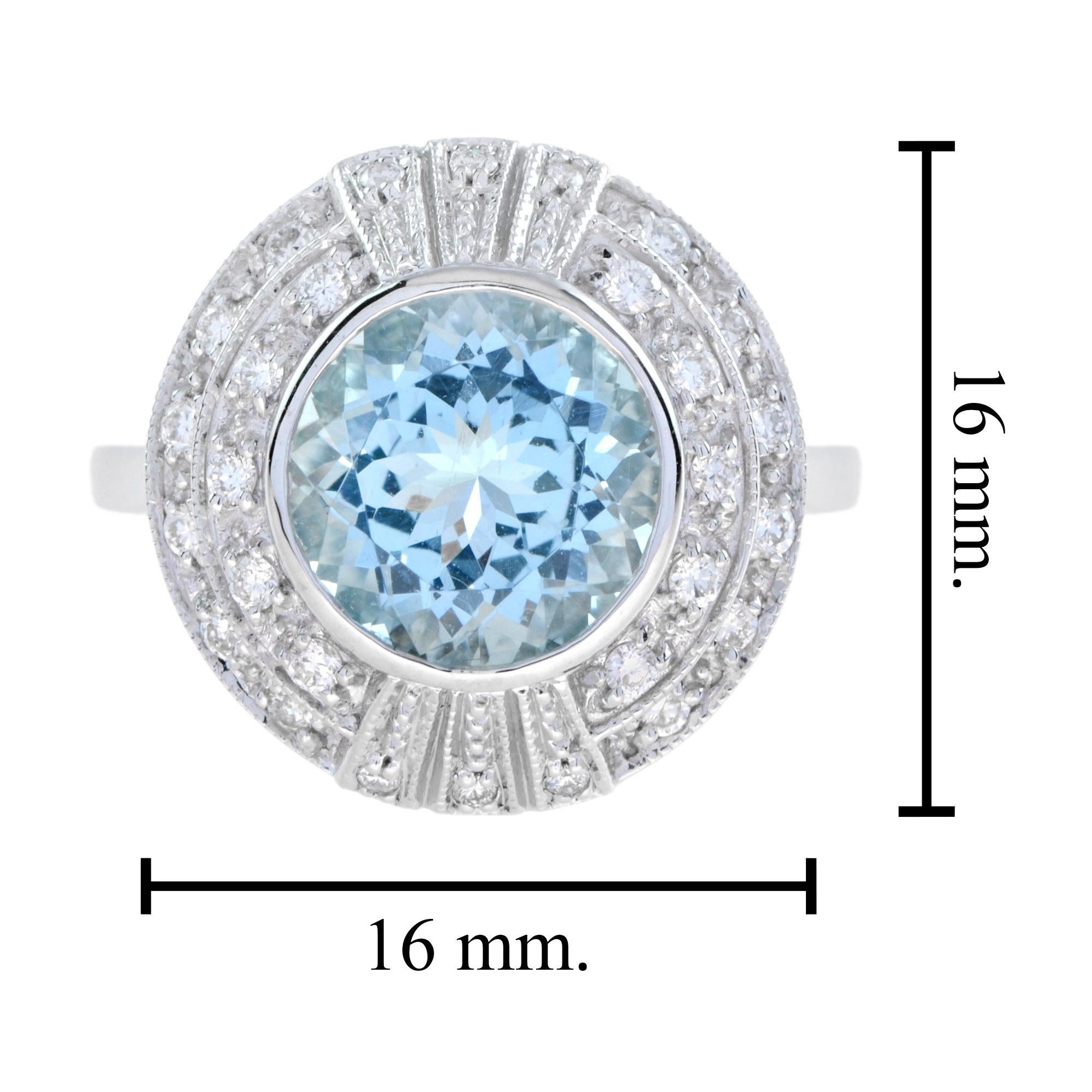 Round Blue Aquamarine & Diamond Cocktail 18K White Gold Ring Damen im Angebot