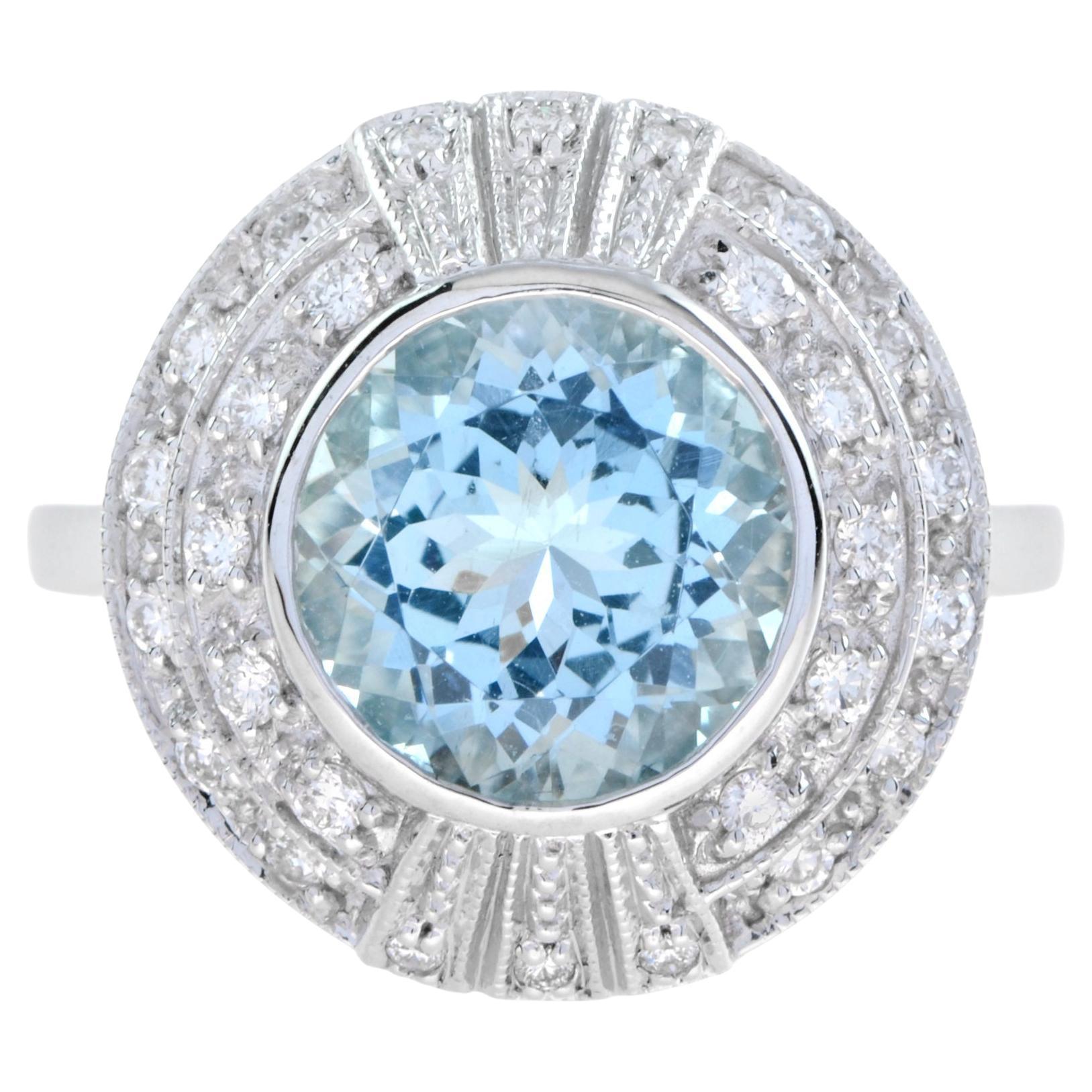 Round Blue Aquamarine & Diamond Cocktail 18K White Gold Ring im Angebot