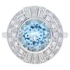 Round Blue Aquamarine & Diamond Cocktail 18K White Gold Ring