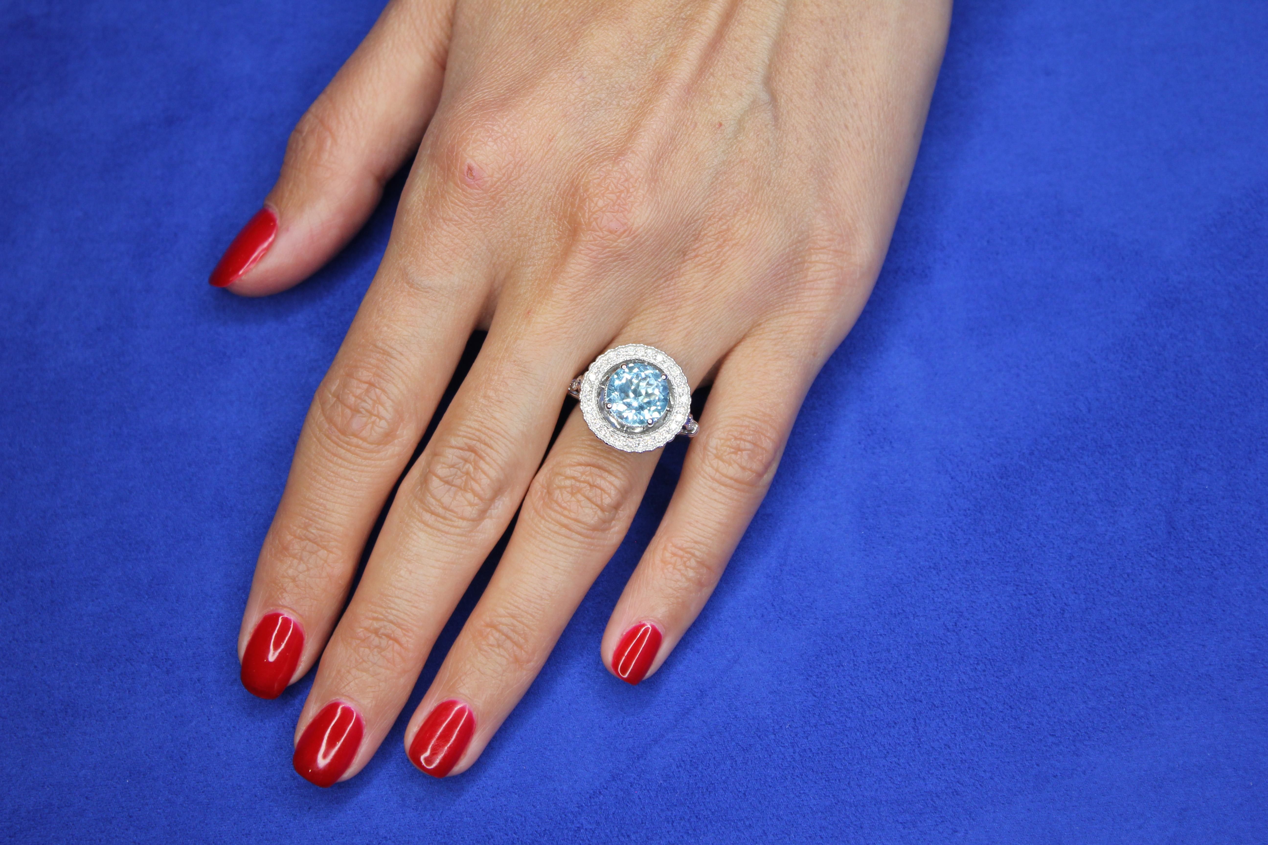 Round Blue Aquamarine Diamond Pave Sun Ray Flower Halo 14 Karat White Gold Ring For Sale 4