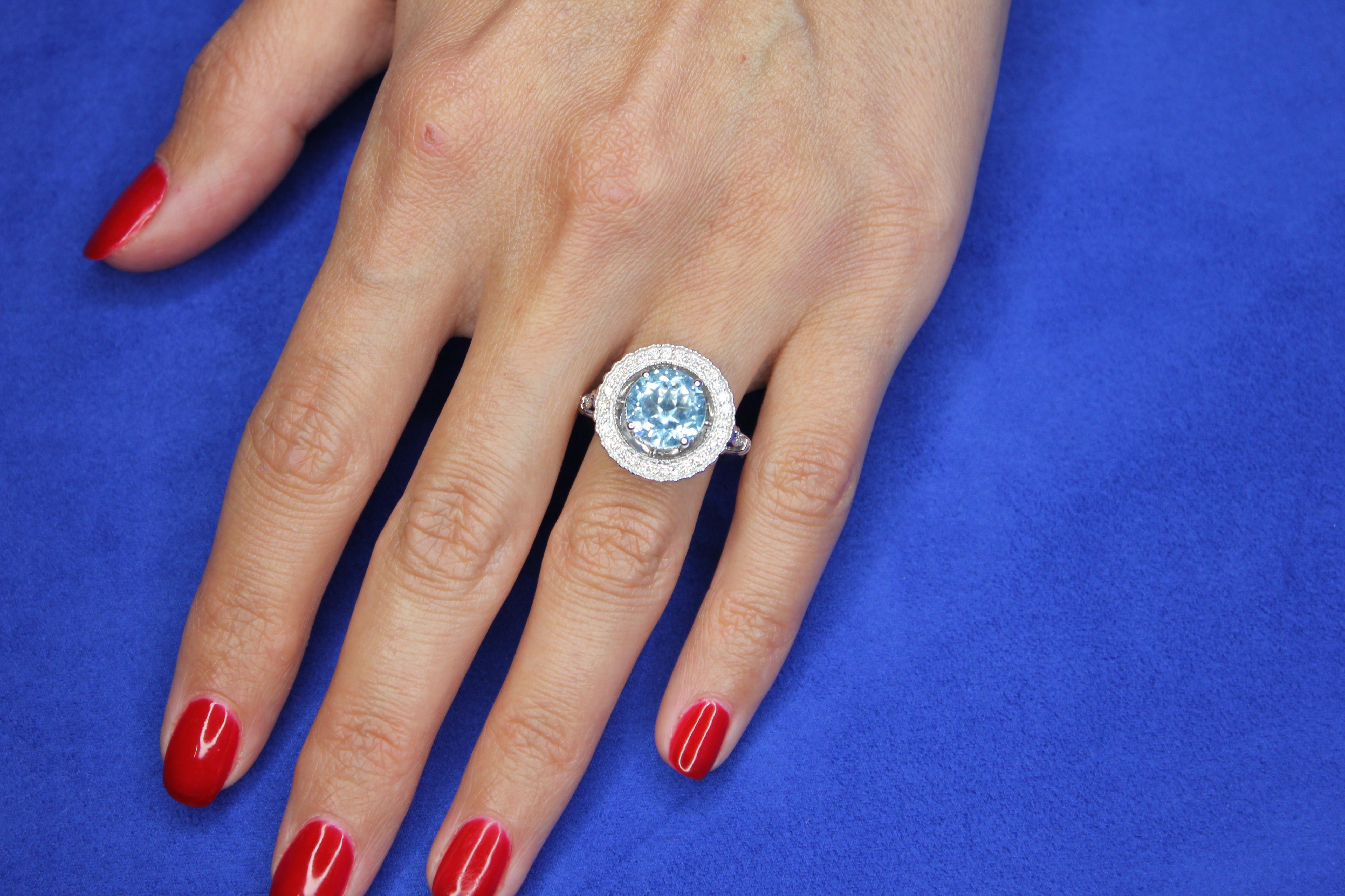 Round Blue Aquamarine Diamond Pave Sun Ray Flower Halo 14 Karat White Gold Ring For Sale 5
