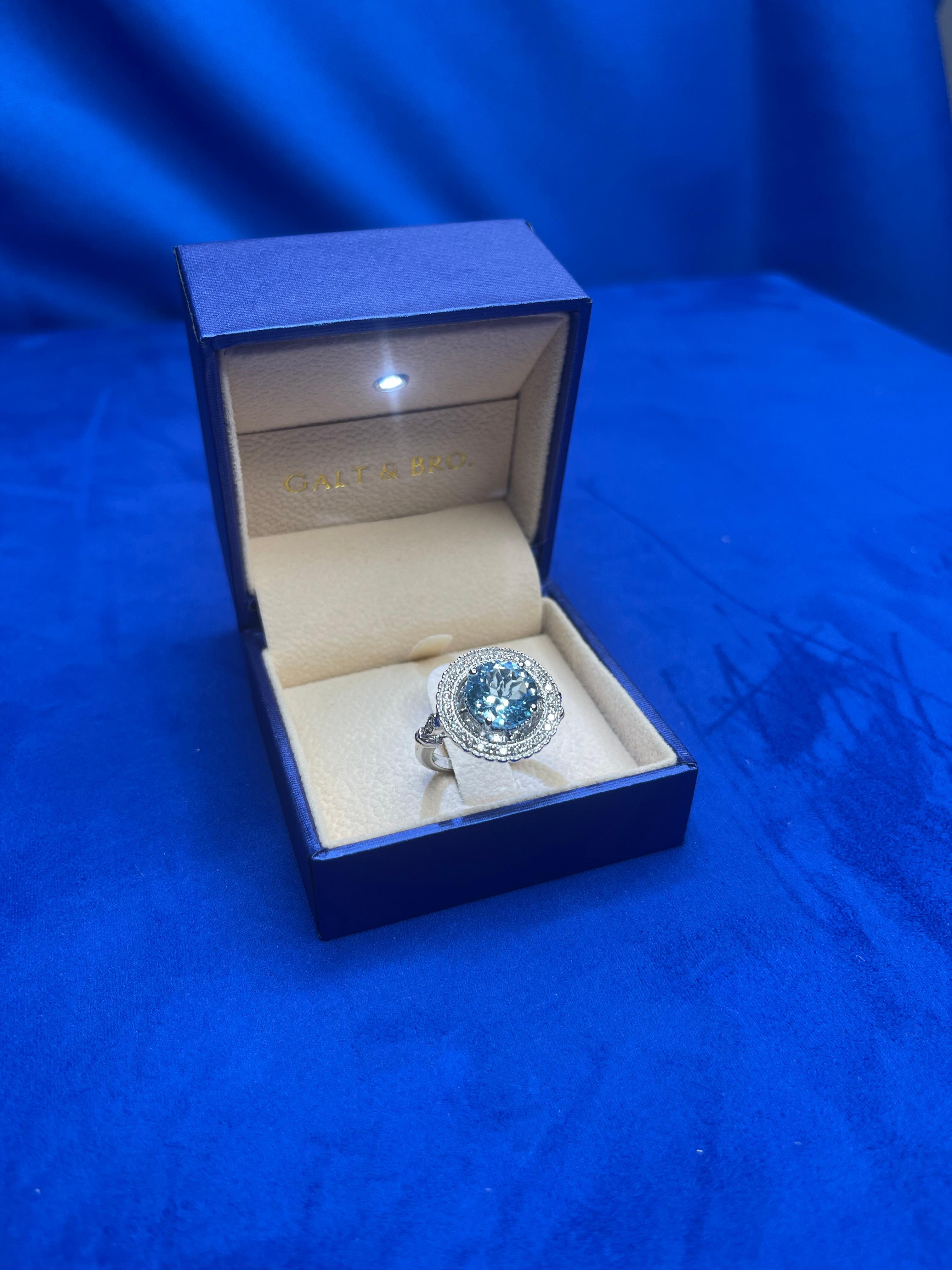 Modern Round Blue Aquamarine Diamond Pave Sun Ray Flower Halo 14 Karat White Gold Ring For Sale
