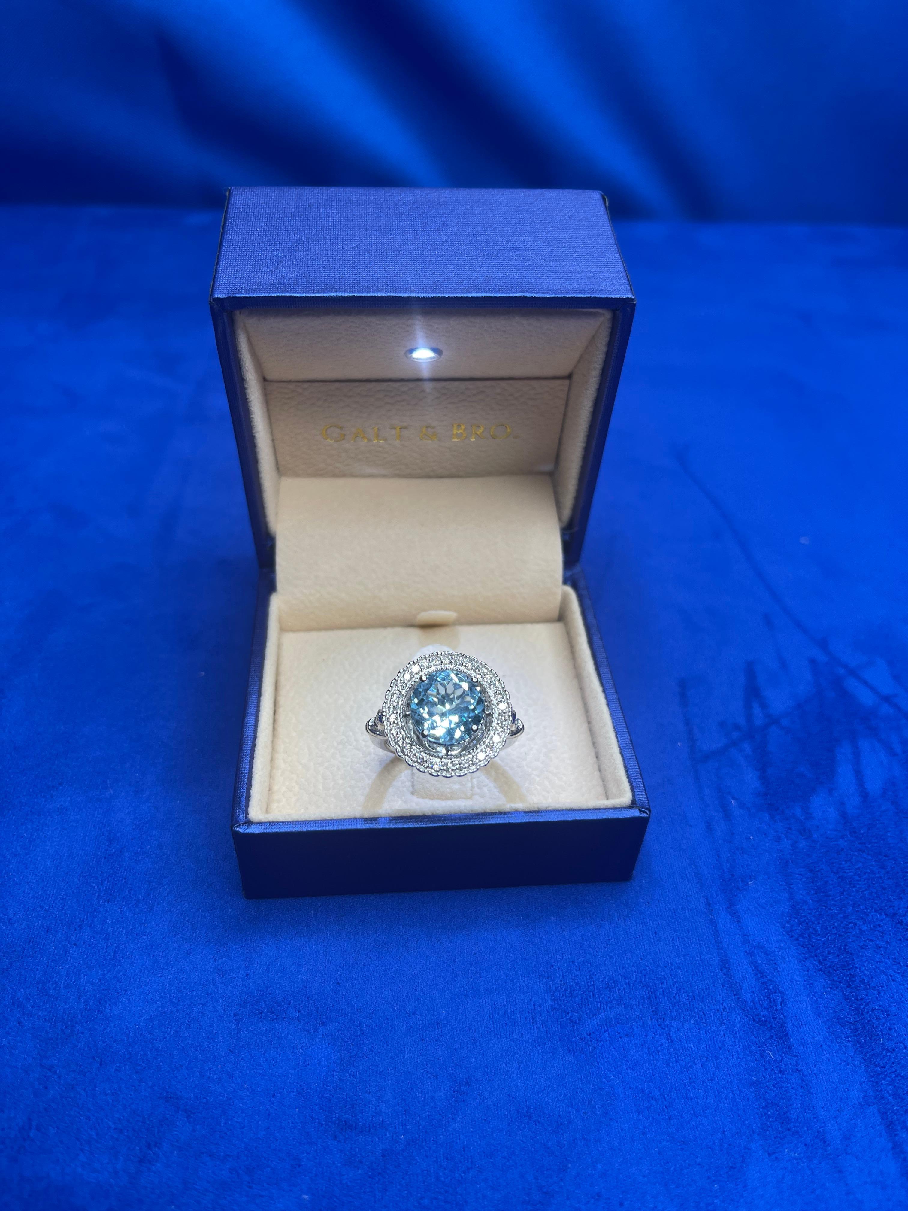 Round Cut Round Blue Aquamarine Diamond Pave Sun Ray Flower Halo 14 Karat White Gold Ring For Sale