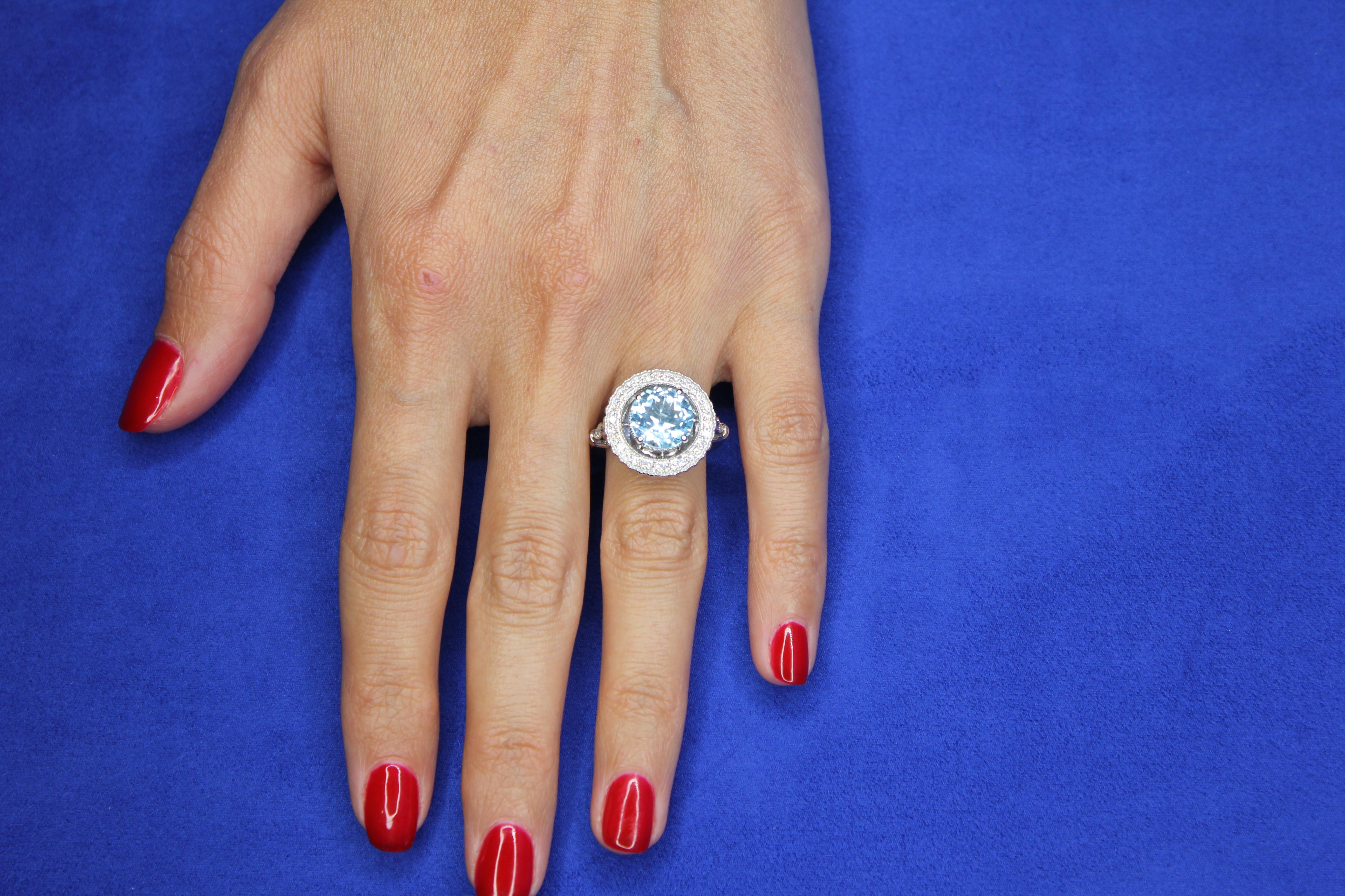 Round Blue Aquamarine Diamond Pave Sun Ray Flower Halo 14 Karat White Gold Ring For Sale 3