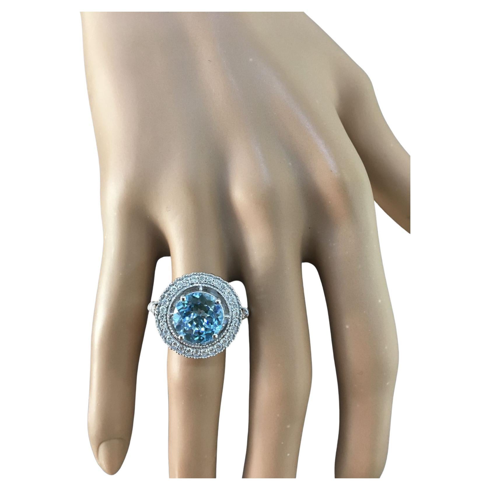 Round Blue Aquamarine Diamond Pave Sun Ray Flower Halo 14 Karat White Gold Ring For Sale 1