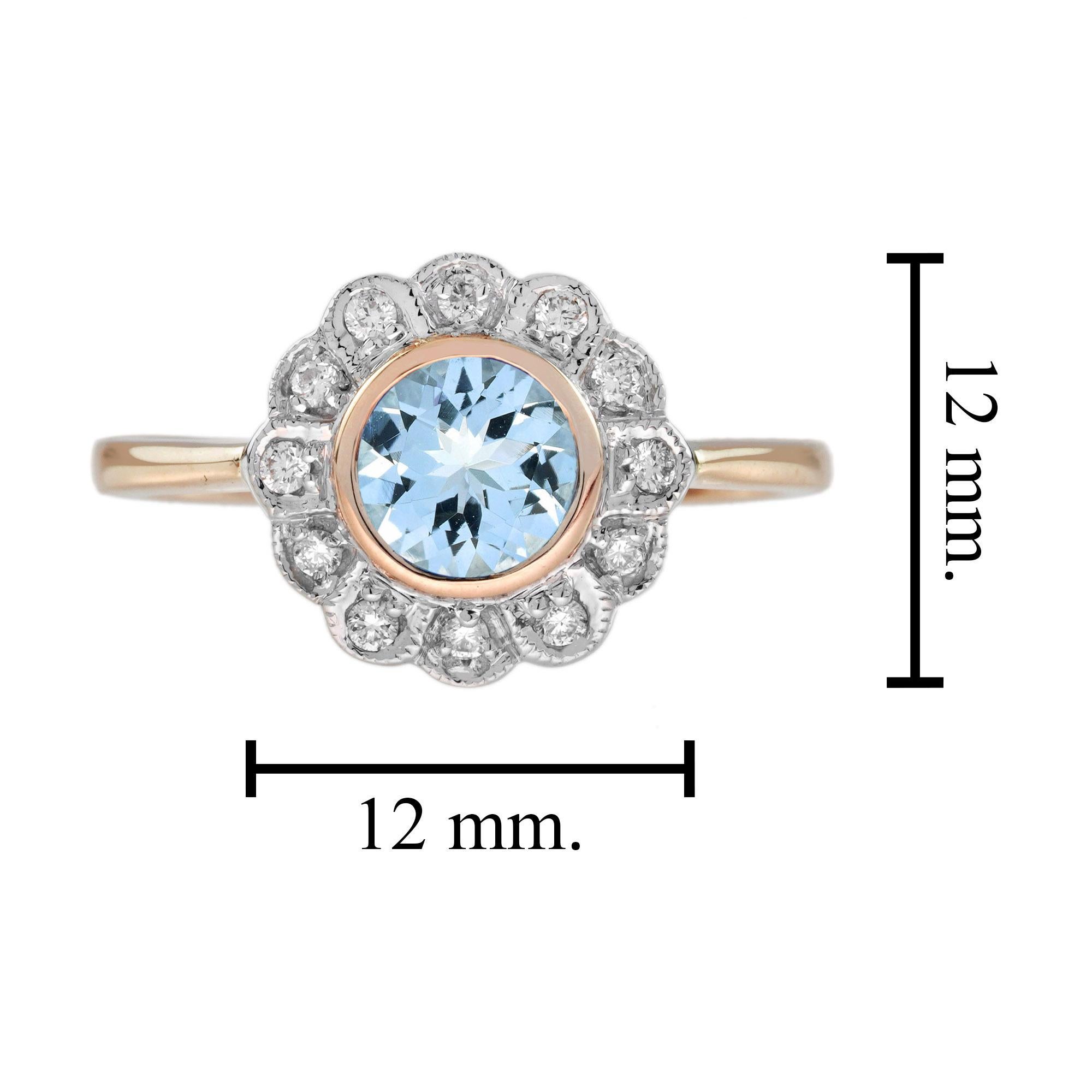 Round Blue Aquamarine & Diamond Vintage Style Floral Halo Set Rose Gold Ring im Angebot 2