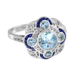 Anillo de Oro Blanco Estilo Art Decó con Aguamarina Azul Redonda y Zafiro Diamante