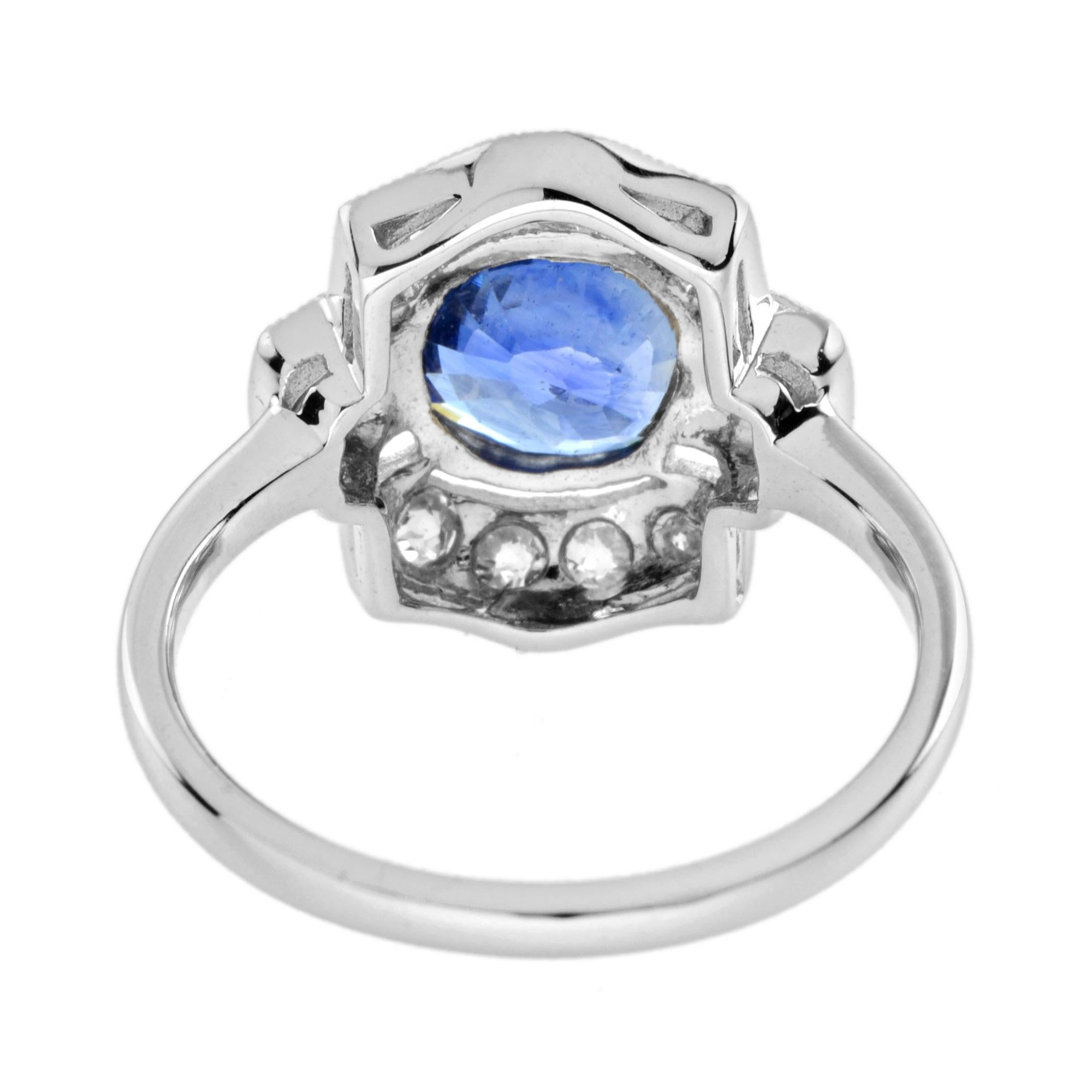 Bague en or blanc 18 carats saphir bleu de Ceylan et diamant Halo d'inspiration Art déco Neuf - En vente à Oakton, VA