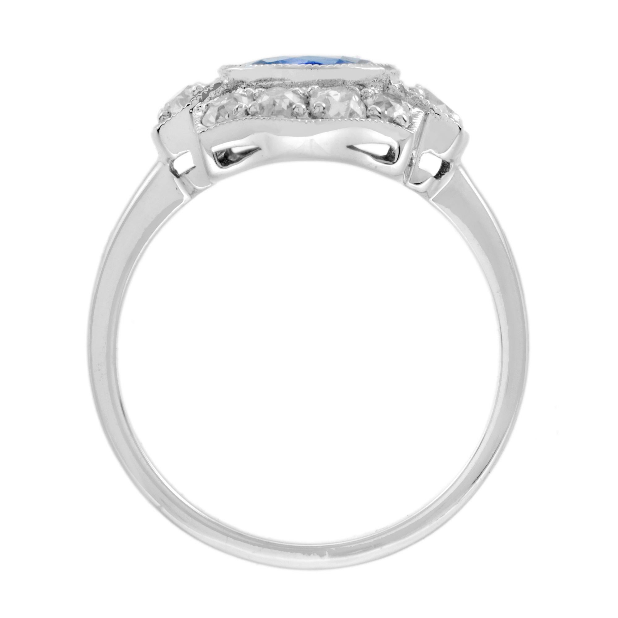 Bague en or blanc 18 carats saphir bleu de Ceylan et diamant Halo d'inspiration Art déco Pour femmes en vente