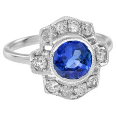 Round Blue Ceylon Sapphire & Diamond Art Deco Inspired Halo 18K White Gold Ring