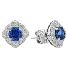 Round Blue Ceylon Sapphire & Diamond Art Deco Style Stud 18K White Gold Earrings