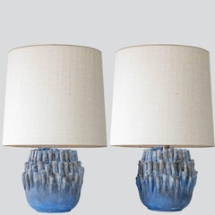 Round Blue Coral Ceramic Lamp, Custom White Silk Lampshade by R. Houben
