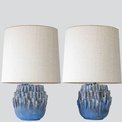 Round Blue Coral Ceramic Lamp, Custom White Silk Lampshade by R. Houben