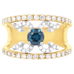 Round Blue and White Diamond 14k Yellow Gold Two Tone Negative Space Ring Band 
