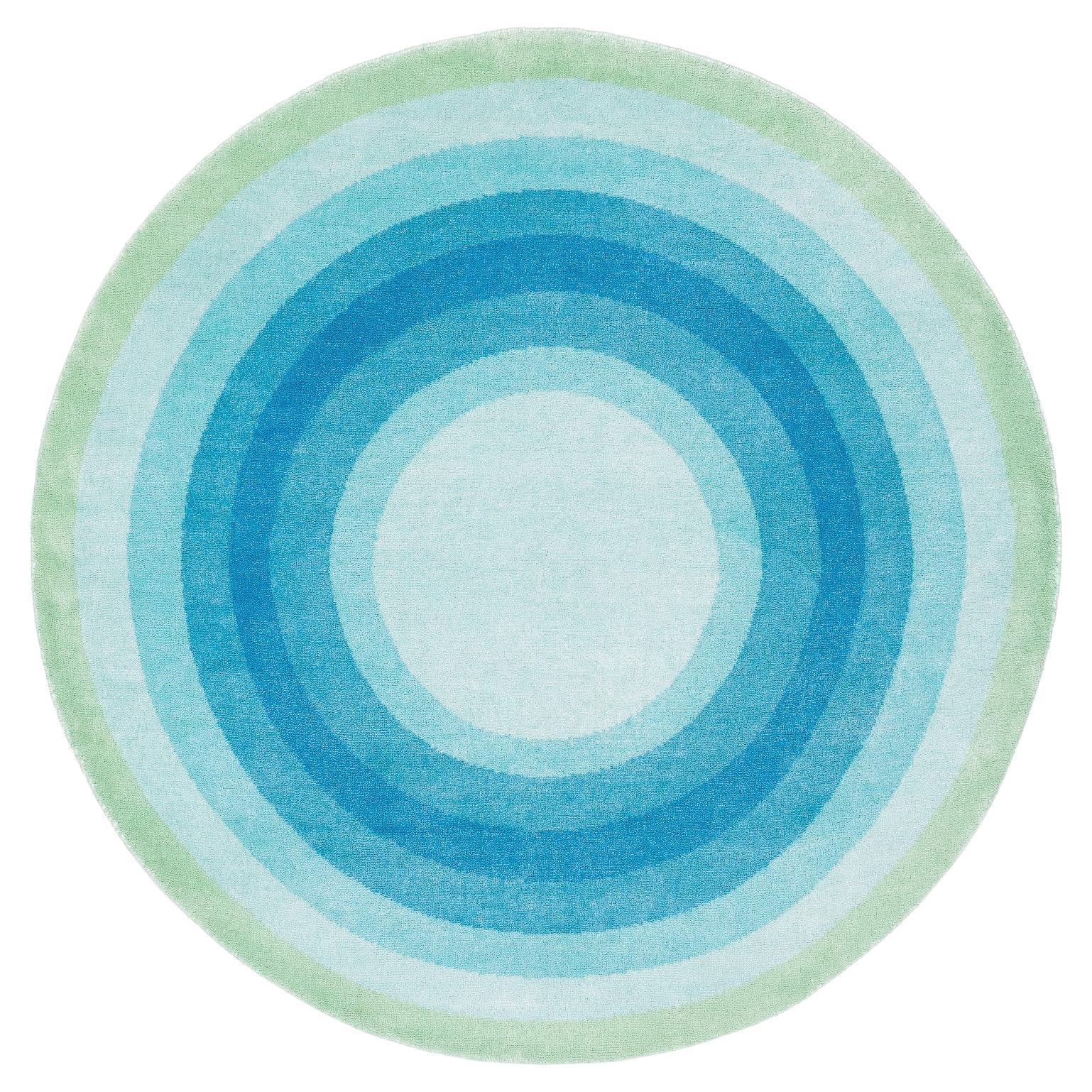 Round Blue Green Pop Silk and Wool Accessory Rug Ricky Bullseye by Joseph Carini