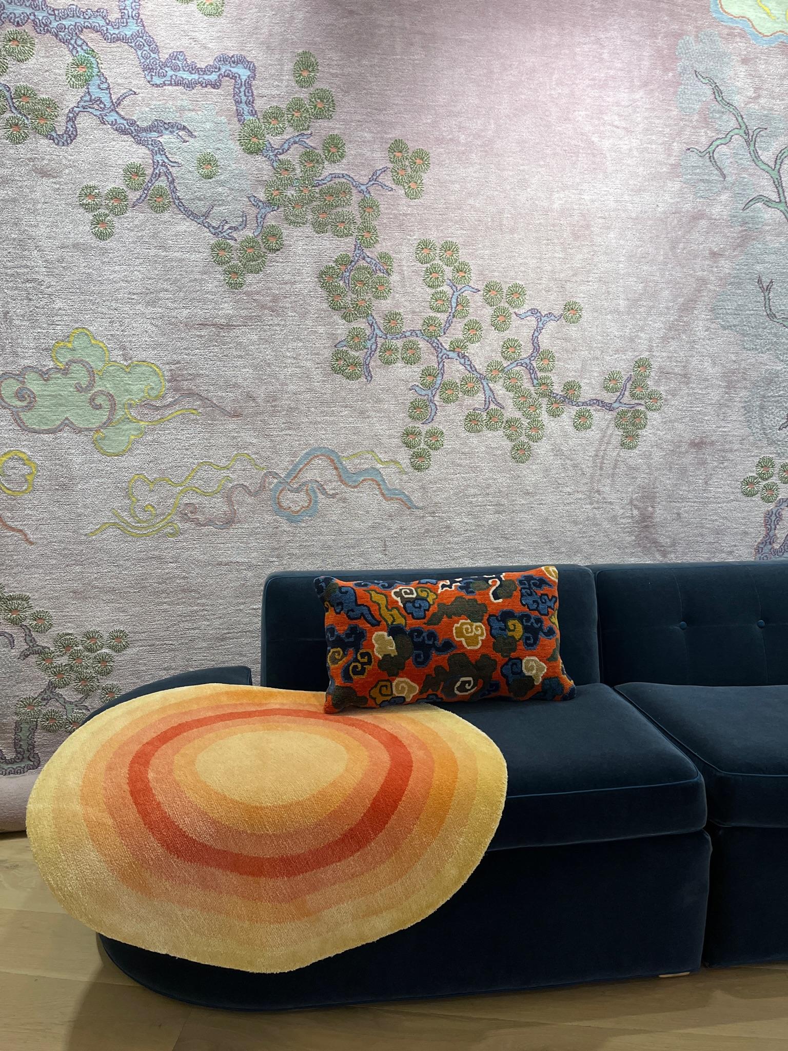 Tapis d'accessoire rond en laine de soie bleu vert Pop F. Scott Bullseye de Joseph Carini en vente 8