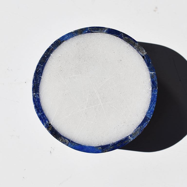 Indian Round Blue Lapis Lazuli and Marble Stone Jewelry or Trinket Box with Lid For Sale