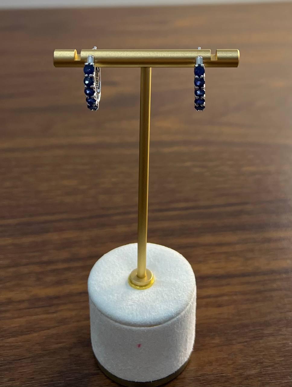 Round Blue Sapphire 14K White Gold Statement Small Huggie Hoops Earrings For Sale 1