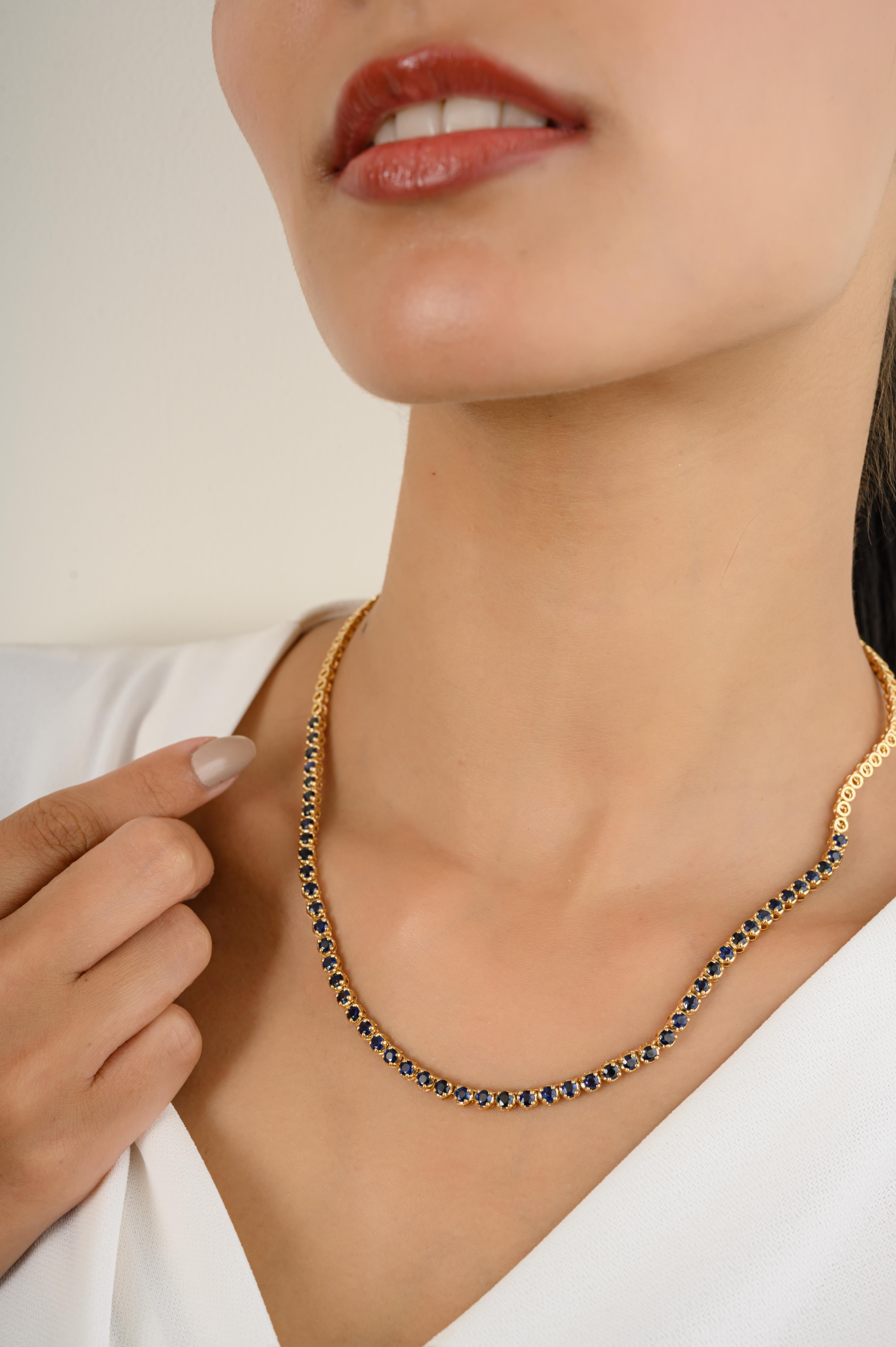 Round Blue Sapphire 18k Yellow Gold Choker Tennis Necklace in 18K Gold studded with round cut blue sapphire of 6.07 carats. This stunning piece of jewelry instantly elevates a casual look or dressy outfit. 
Sapphire stimulate concentration and