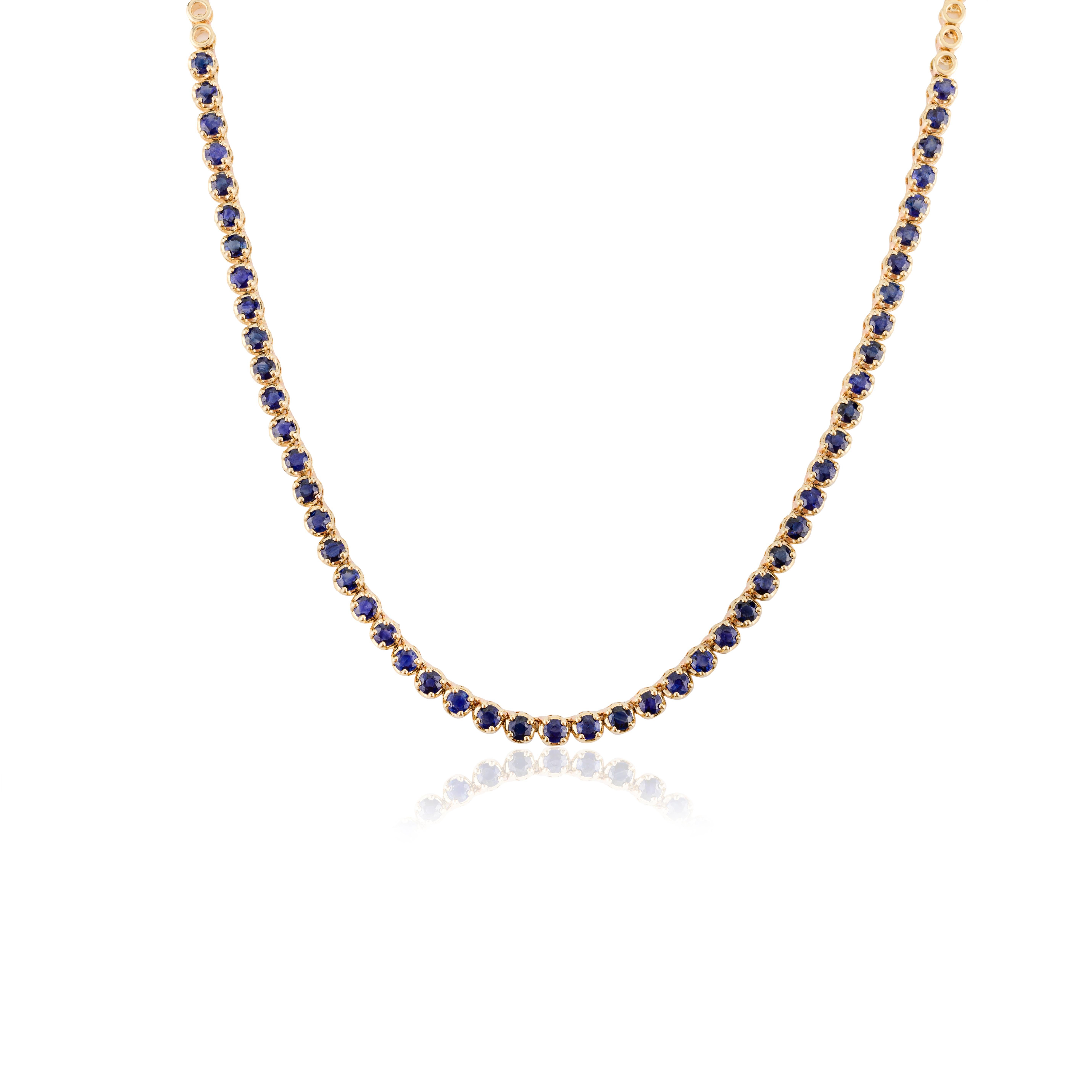 Art Deco Round Blue Sapphire 18k Yellow Gold Choker Tennis Necklace for Grandma Gift For Sale