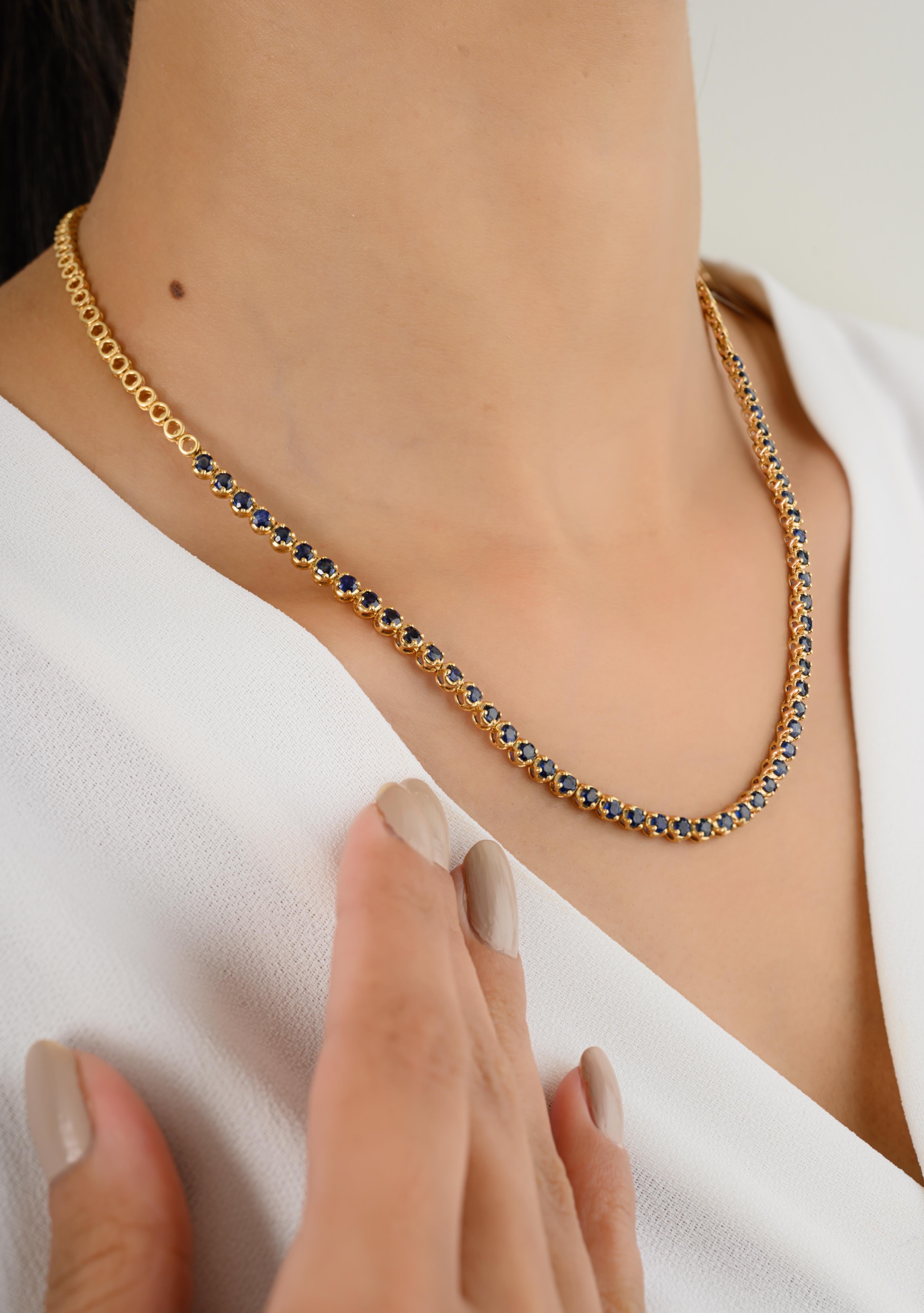 Round Cut Round Blue Sapphire 18k Yellow Gold Choker Tennis Necklace for Grandma Gift For Sale