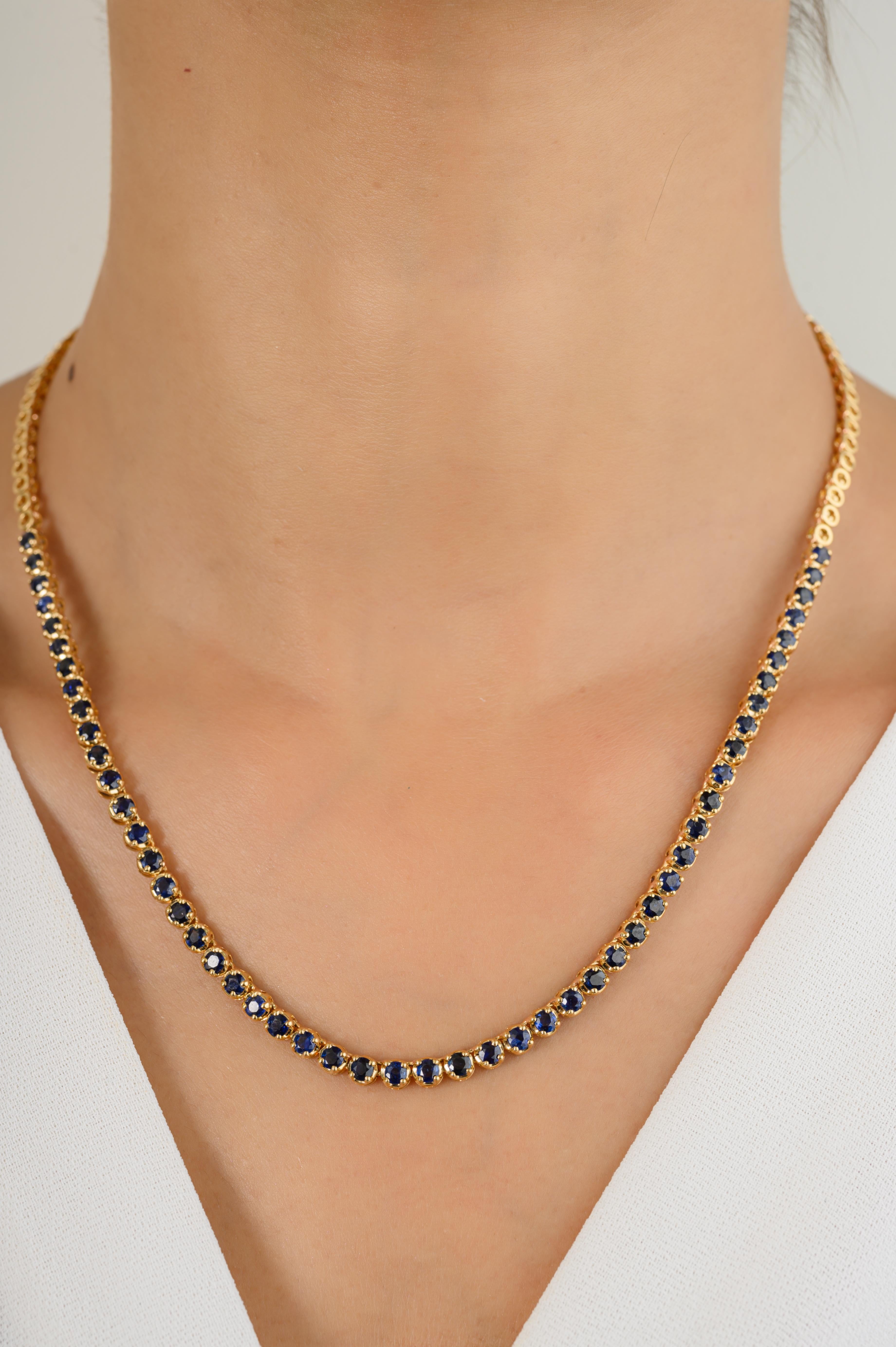 Women's Round Blue Sapphire 18k Yellow Gold Choker Tennis Necklace for Grandma Gift For Sale