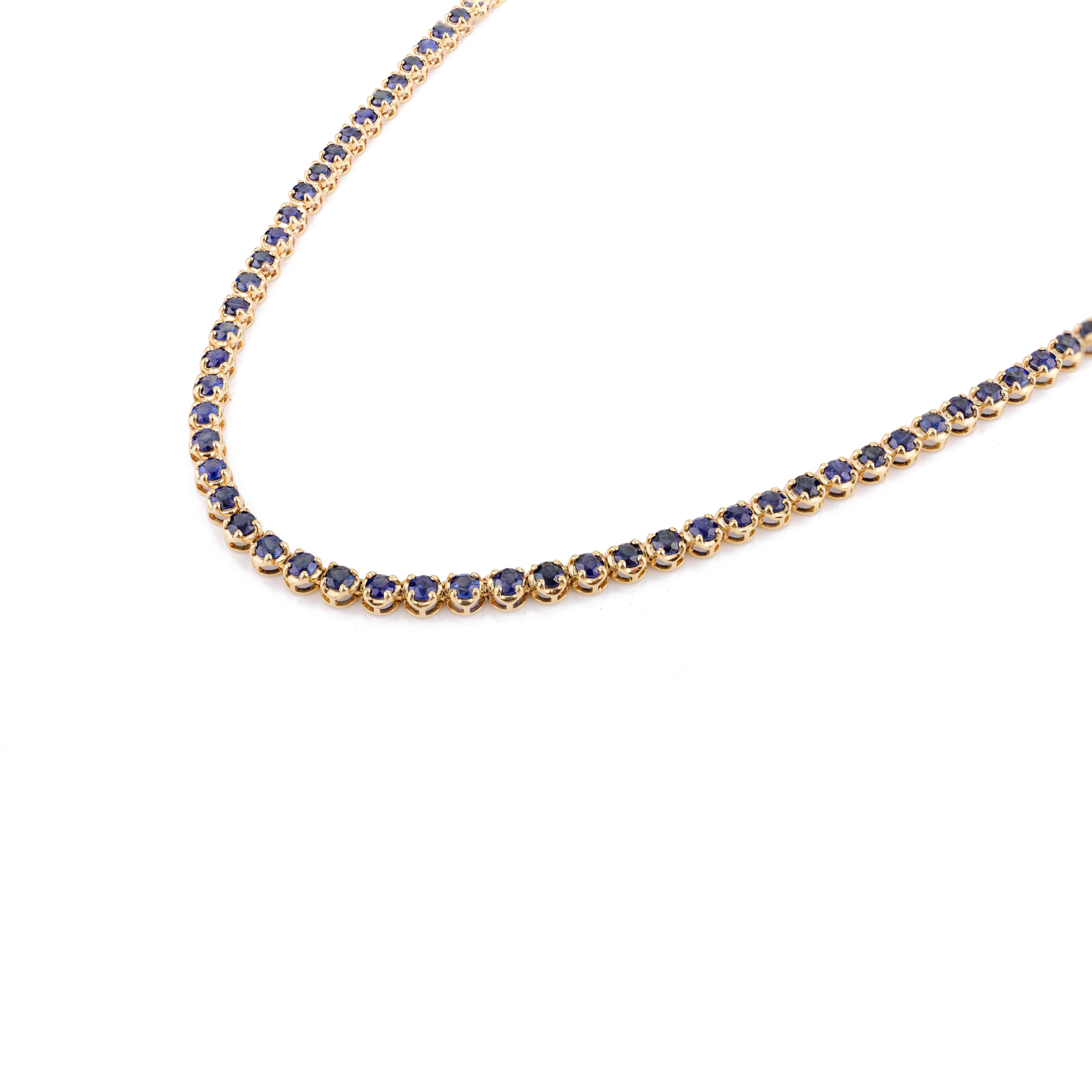 Round Blue Sapphire 18k Yellow Gold Choker Tennis Necklace for Grandma Gift For Sale 1
