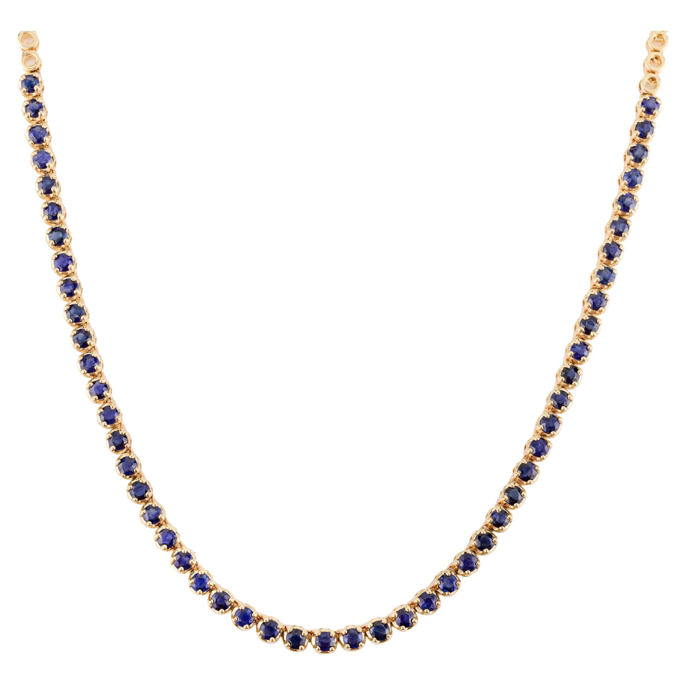 Round Blue Sapphire 18k Yellow Gold Choker Tennis Necklace for Grandma Gift