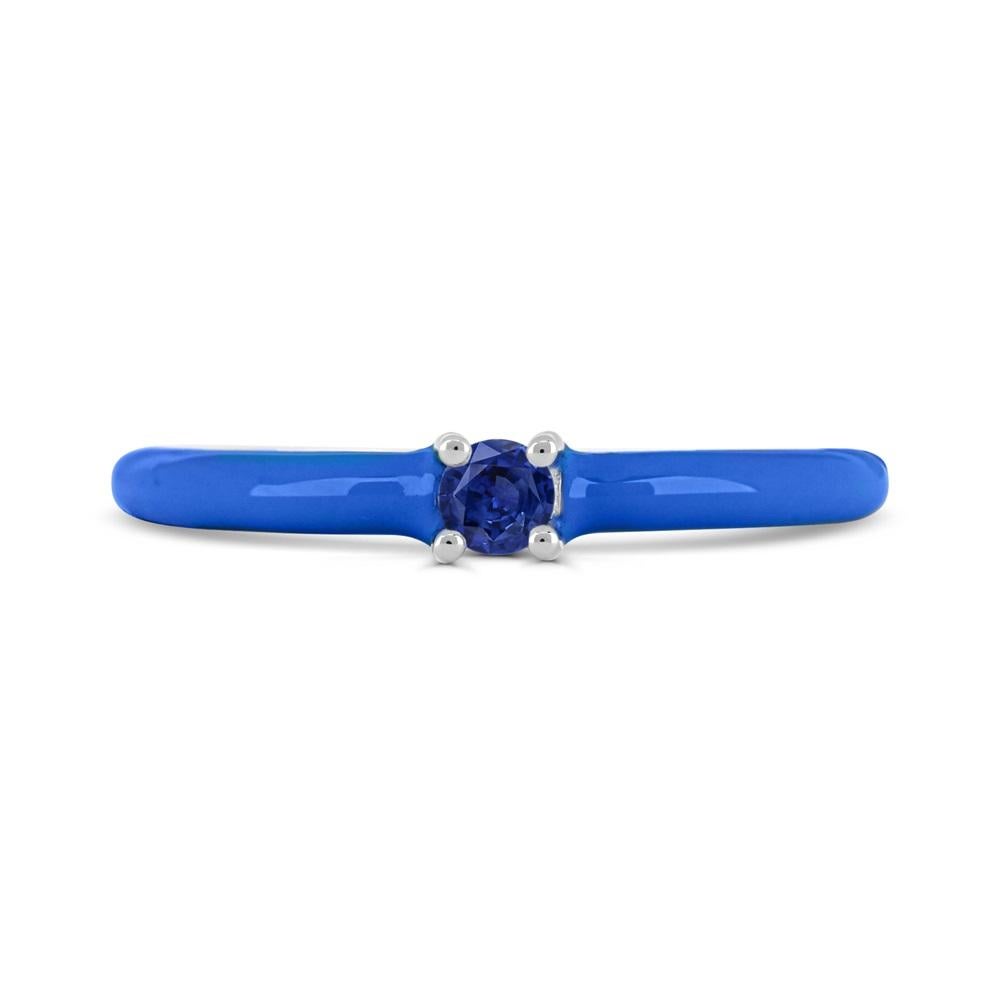 This elegant ring features one round-cut blue sapphire prong sets between blue enamel shank on top of a slim band sterling silver ring . 

Metal:  Sterling Silver
Gemstone:
Blue Sapphire: Round-Cut - 3.0mm -1/6ct.

This ring is available in ladies'