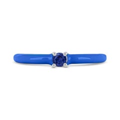 Round Blue Sapphire and Blue Enamel Slim Band Ring in Sterling Silver