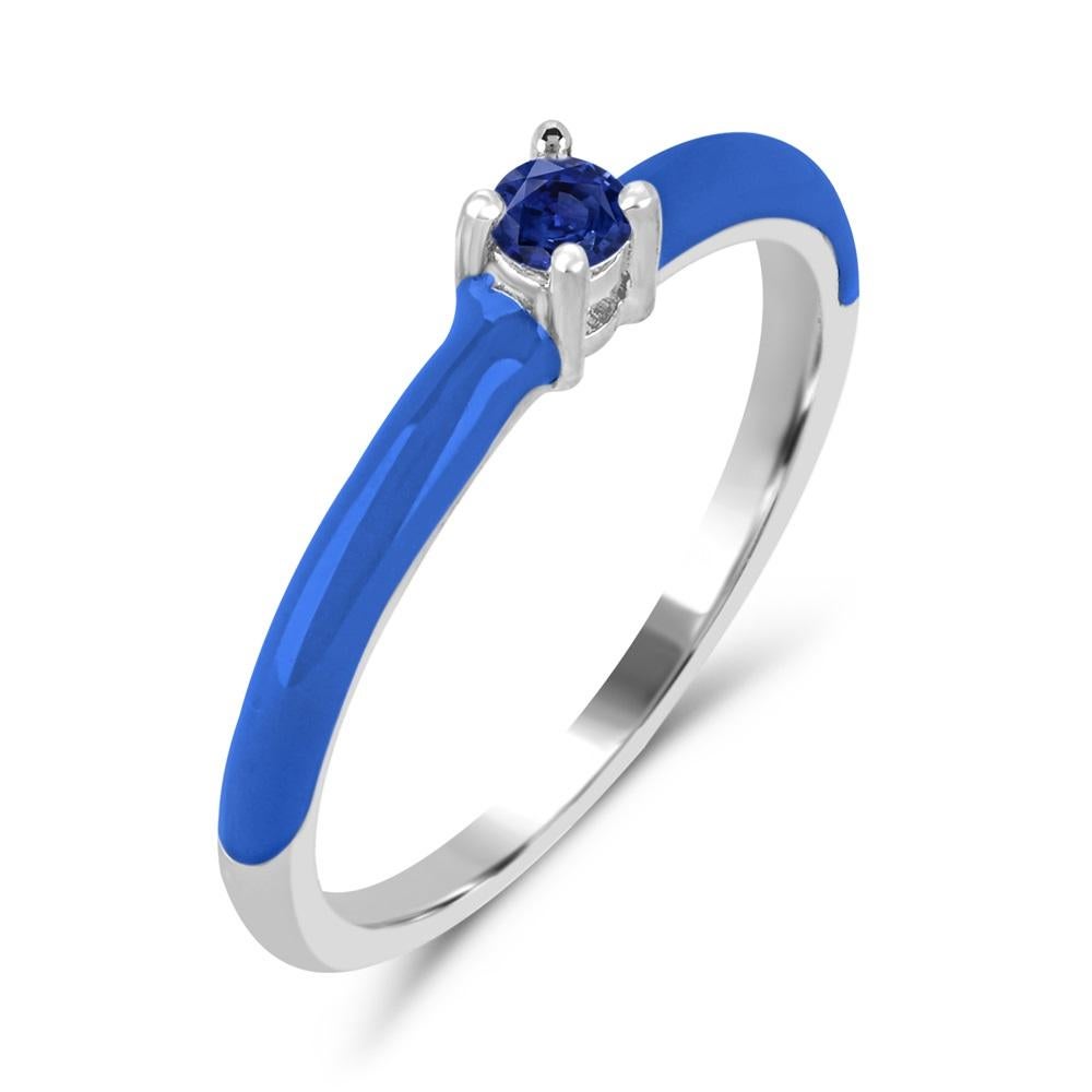 Contemporary Round Blue Sapphire and Blue Enamel Slim Band Ring in Sterling Silver For Sale