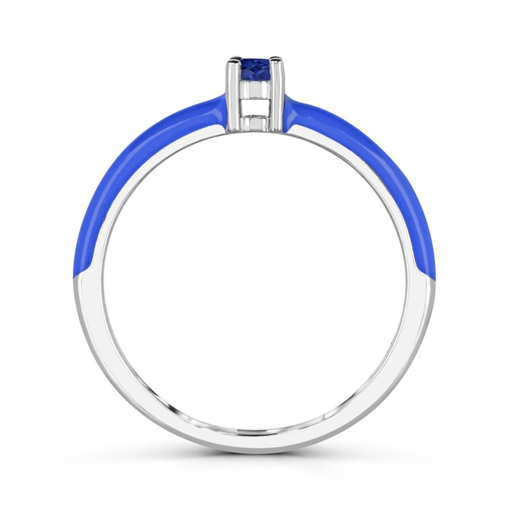 Round Cut Round Blue Sapphire and Blue Enamel Slim Band Ring in Sterling Silver For Sale
