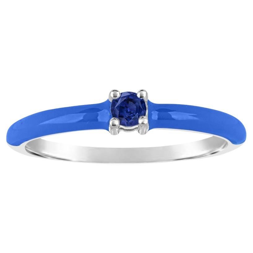 Round Blue Sapphire and Blue Enamel Slim Band Ring in Sterling Silver