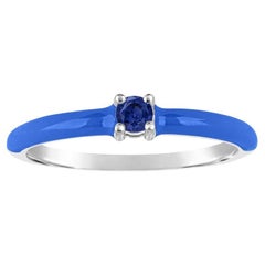 Round Blue Sapphire and Blue Enamel Slim Band Ring in Sterling Silver