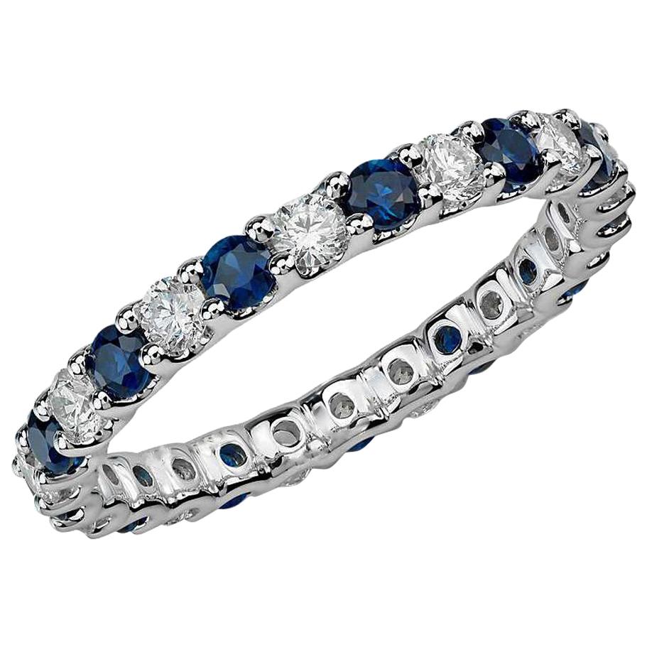 Round Blue Sapphire and Diamond Eternity Band 14 Karat White Gold For Sale