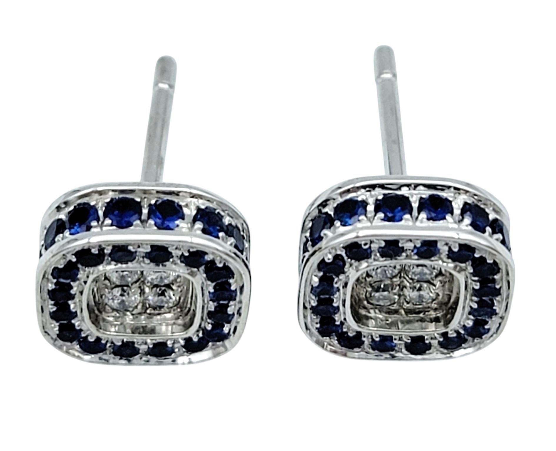 Contemporary Round Blue Sapphire and Diamond Squared Stud Earrings in 18 Karat White Gold For Sale