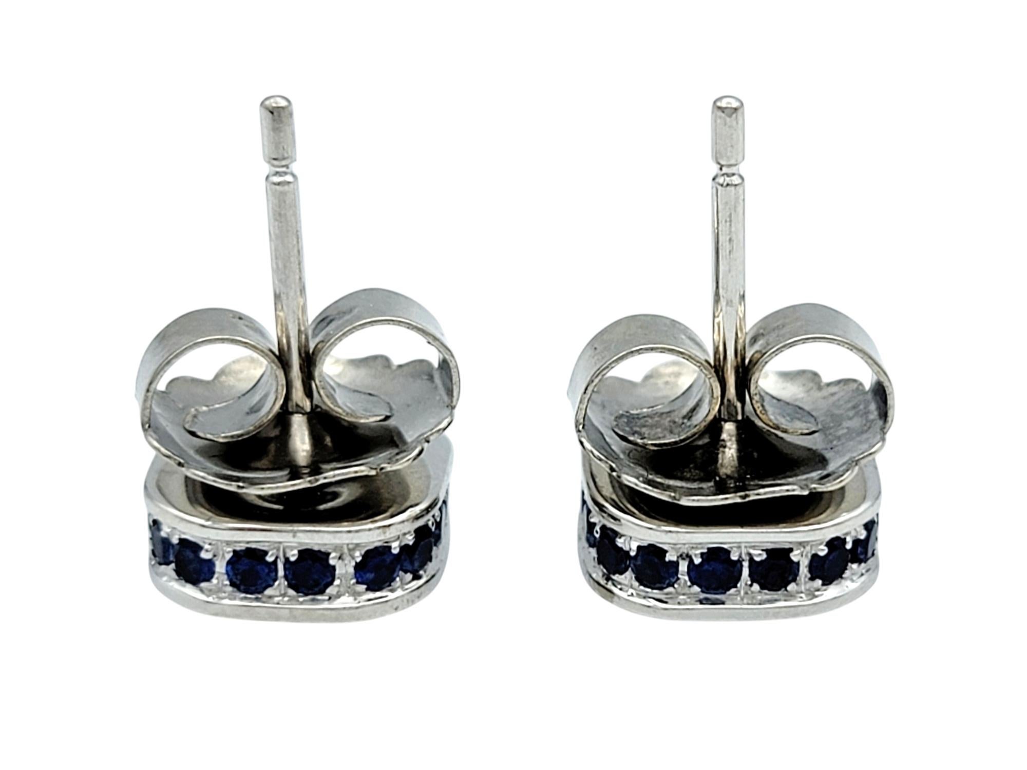 Round Cut Round Blue Sapphire and Diamond Squared Stud Earrings in 18 Karat White Gold For Sale