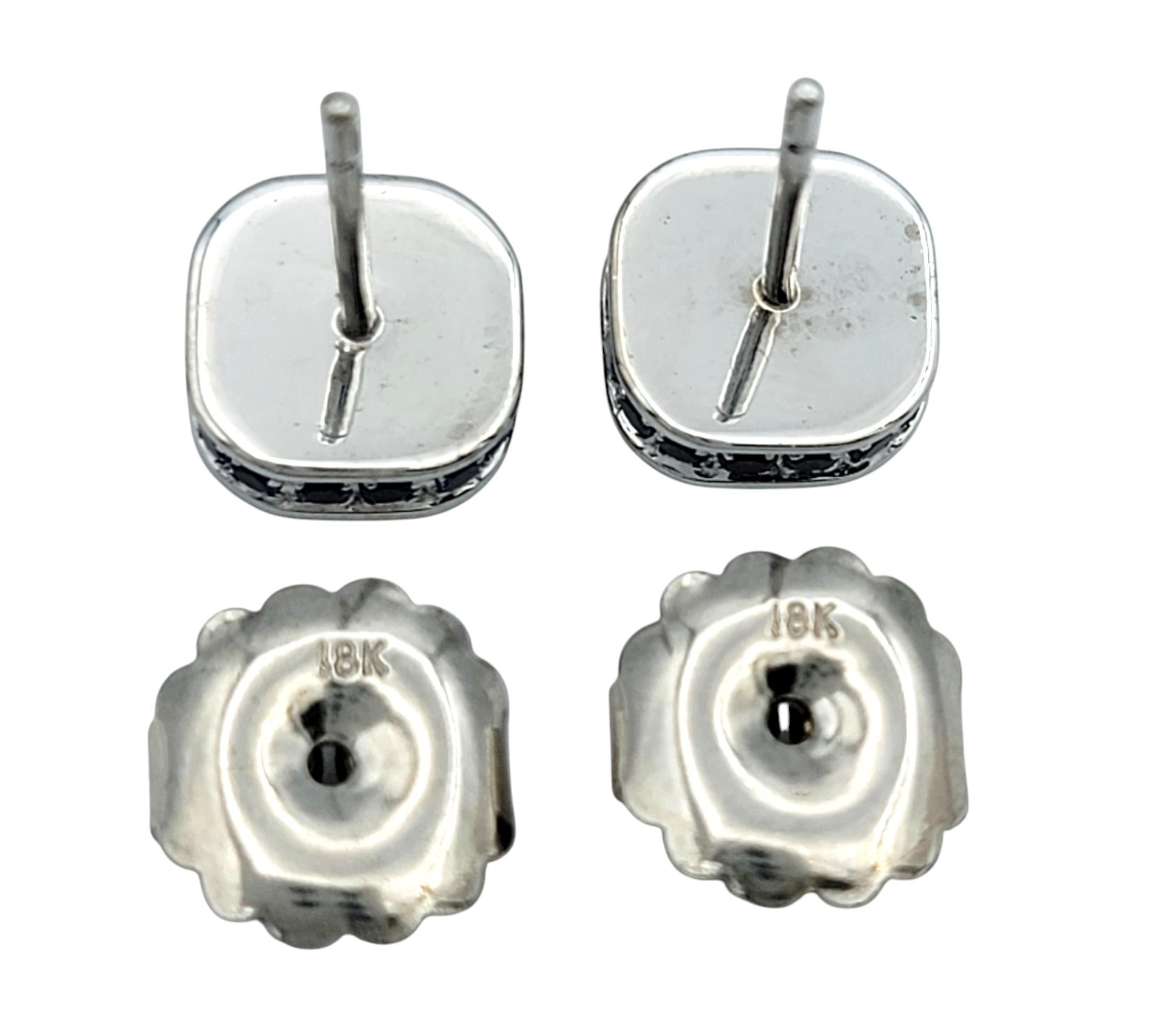 Round Blue Sapphire and Diamond Squared Stud Earrings in 18 Karat White Gold In Good Condition For Sale In Scottsdale, AZ