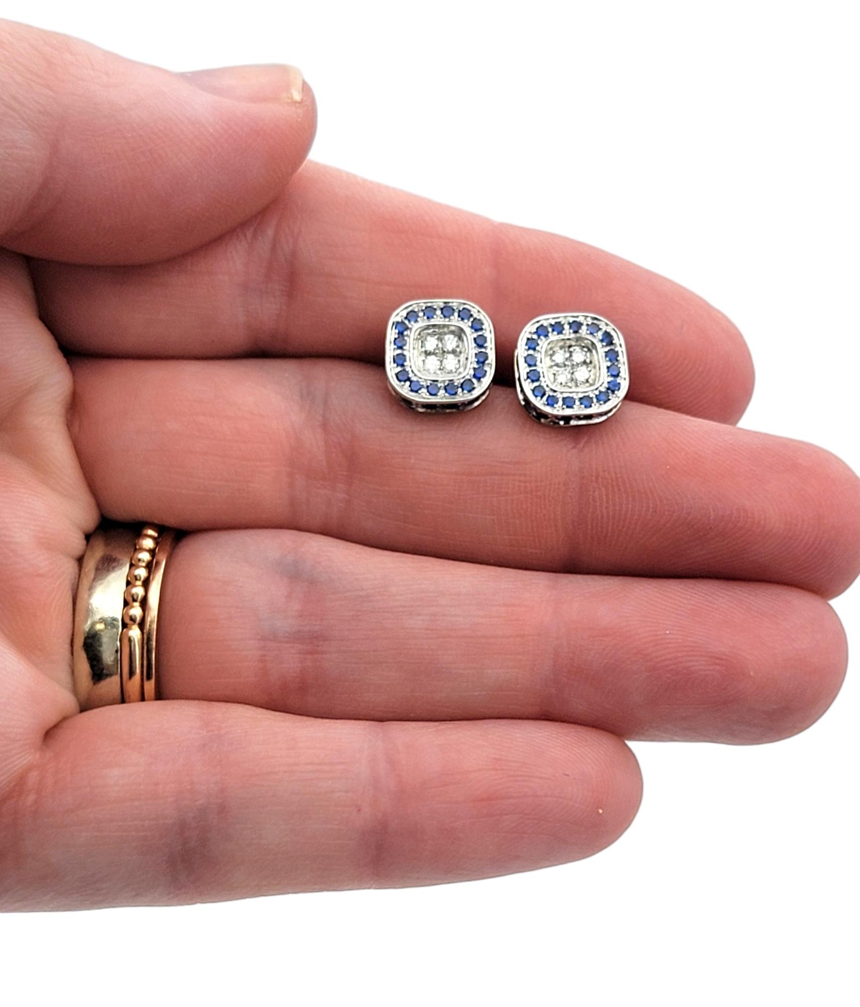 Women's Round Blue Sapphire and Diamond Squared Stud Earrings in 18 Karat White Gold For Sale