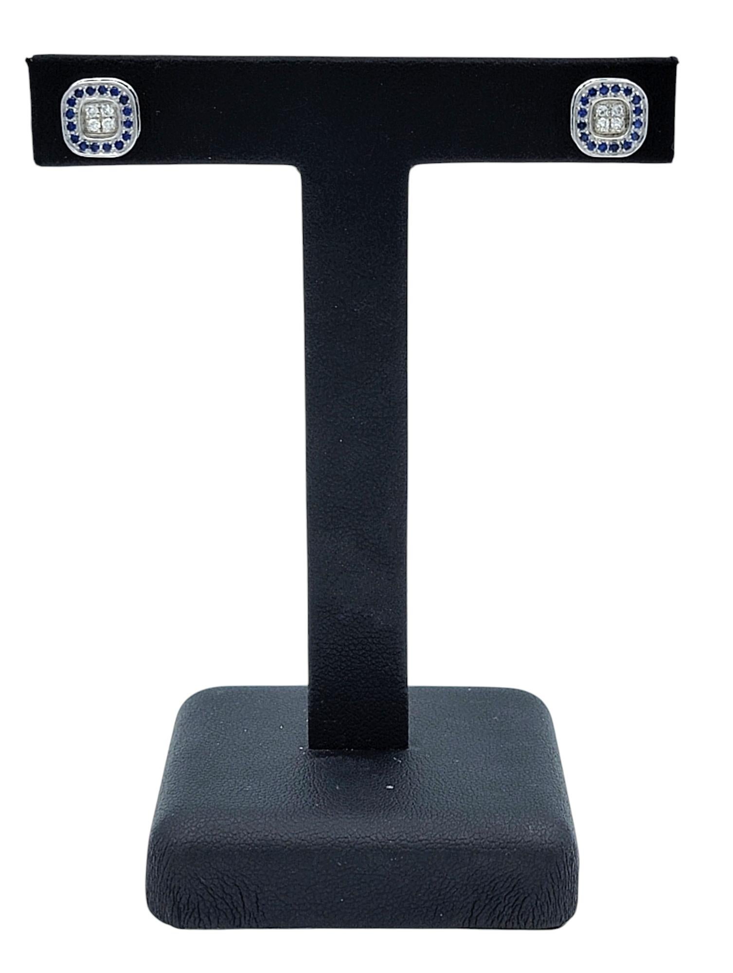 Round Blue Sapphire and Diamond Squared Stud Earrings in 18 Karat White Gold For Sale 1