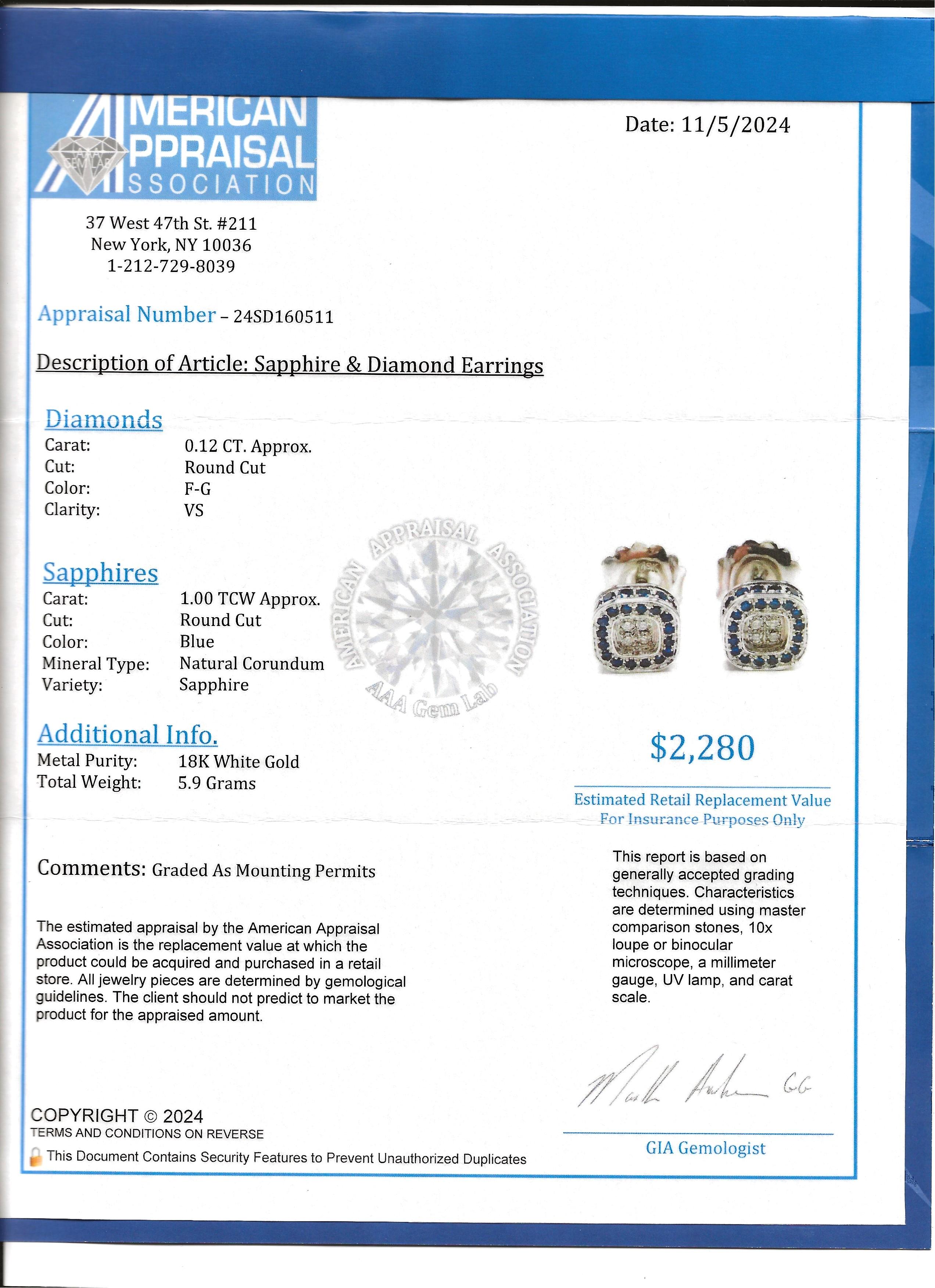 Round Blue Sapphire and Diamond Squared Stud Earrings in 18 Karat White Gold For Sale 3