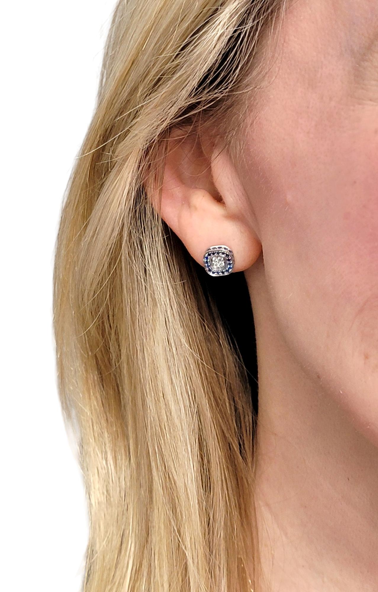 Round Blue Sapphire and Diamond Squared Stud Earrings in 18 Karat White Gold For Sale 2